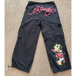 Ed Hardy Women's Cargo Parachute Multipocket Graphic Pants Black Size Large